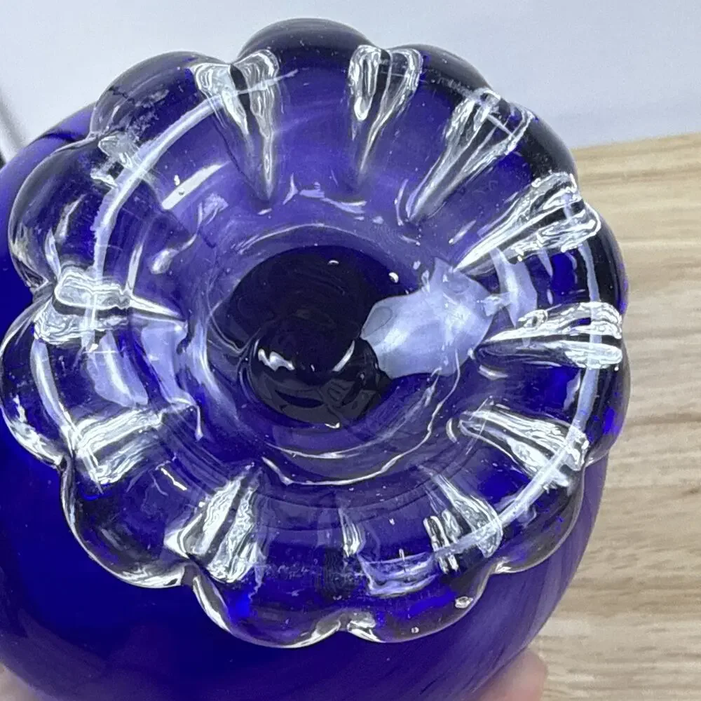 VTG Empoli Cobalt Blue Glass Snifter 7” Brandy Glass Vase Ribbed Pedestal Base